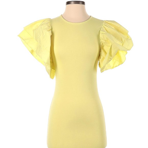 Zara Dresses & Skirts - NWT Zara Yellow Ruffle Sleeve Stretch Dress, Size Medium